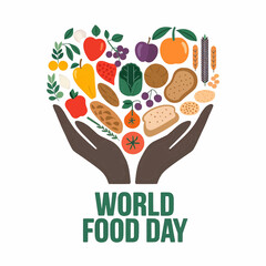 World Food Day vector featuring two hands holding a heart-shaped globe filled with fruits, vegetables, and grains, symbolizing global food security, love for nutrition, and sustainability.

