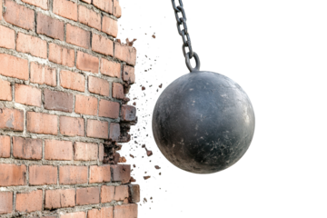 Wrecking ball smashing into a brick wall, isolated on transparent cutout background