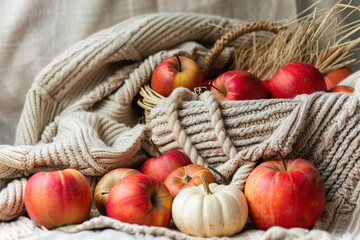 Cozy autumn still life with apples in knit basket