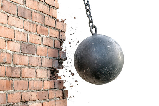 Wrecking ball smashing into a brick wall, isolated on transparent cutout background