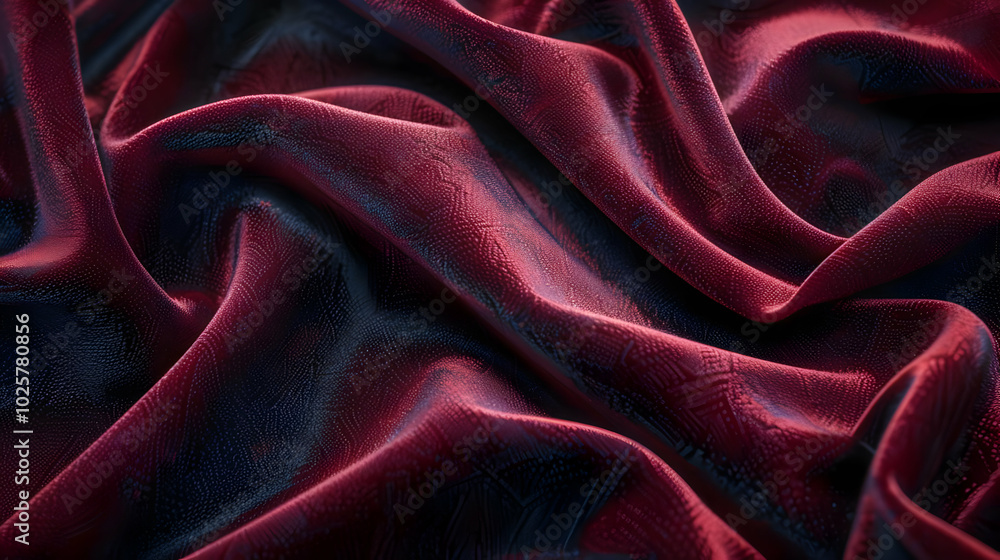 Poster close up of a burgundy textured fabric with a light hitting the fabric creating a shadow and highlig