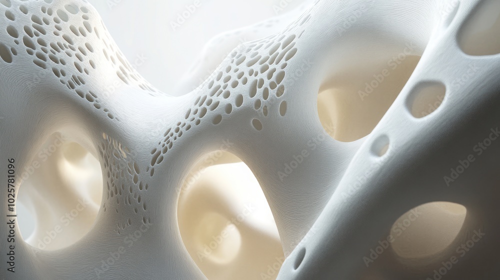 Poster abstract white 3d structure with intricate holes and curves, creating a dynamic and futuristic desig