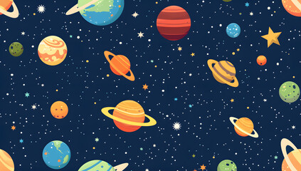 An imaginative depiction of outer space showcases colorful planets, stars, and cosmic details against a starry backdrop, forming a vibrant fantasy universe filled with celestial wonders