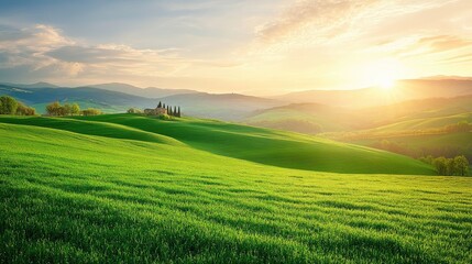 Obraz premium Serene Green Fields Under a Golden Sunset