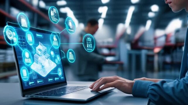 A young Hispanic man working on a laptop in a warehouse, analyzing digital logistics data with futuristic holographic interfaces created with generative ai
