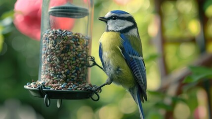 Naklejka premium Blue Tit Perched on a Bird Feeder with Seeds