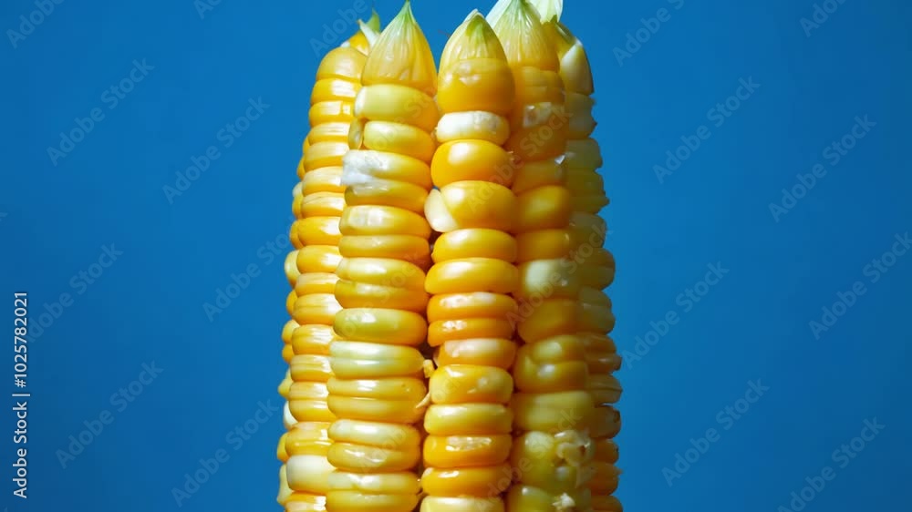Poster 360-degree video with hard light, establishing a side view of a rotating cob of corn with partially 