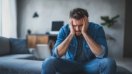  Stressed man holding head in hands while sitting on couch in home office during difficult day 