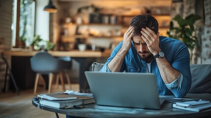  Stressed man holding head in hands while sitting on couch in home office during difficult day 