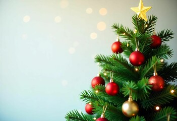 A decorated Christmas tree with green pine branches, red and gold ornaments, and twinkling lights, white background
