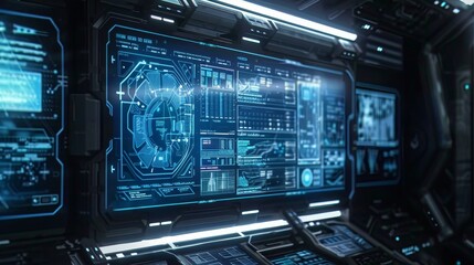 Futuristic sci fi hud screen with thin blue light zones against a blurred digital background