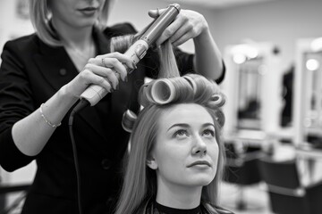 Fototapeta premium A woman is getting her hair curled by another woman
