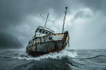 An old fishery boat is riding wave and struggling to stay  in the middle of the sea, dark clouds looming overhead and rainy