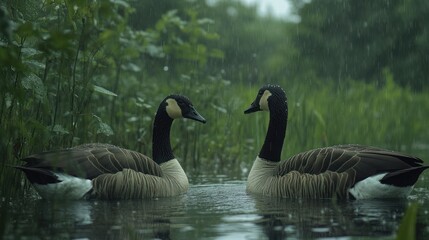 Two Canada geese swimming in a pond during a light rain shower. The geese are facing each other and their necks are stretched out. Lush green vegetation is visible in the background, 