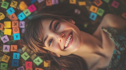 A young woman lies on her back surrounded by colorful alphabet tiles, smiling brightly at the camera.