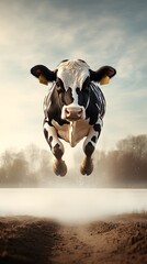 Black and White Spotted Cow Soaring Through the Air