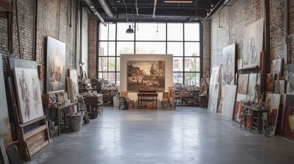 A large downtown art studio with high ceilings, exposed brick walls, and ample natural light. Artists work on their canvases, surrounded by paints, brushes, and sculptures in various stages of