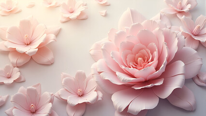 Beautiful pink paper flowers arranged artistically on a soft background