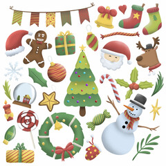 Set of colorful Christmas objects illustration featuring Santa, a snowman, gingerbread man, holiday decorations, and ornaments. Great for seasonal designs, greeting cards, and holiday themed projects.