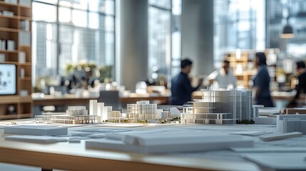 Obraz premium A sleek and modern downtown architecture firm, with minimalist decor, large desks covered in blueprints, and models of buildings. Architects and designers collaborate on new projects, discussing