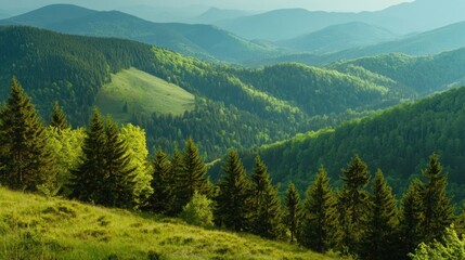 Fototapeta premium A scenic view of a lush green mountain range with rolling hills and a forest of pine trees.