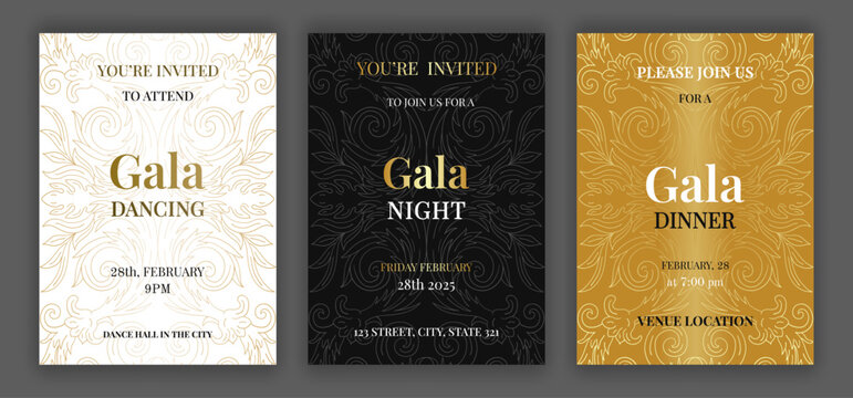 Luxury glamorous black gold and white gala dinner, night, dancing invitation template set with golden text. Baroque style retro ornate pattern background. EPS 10 vector illustration.