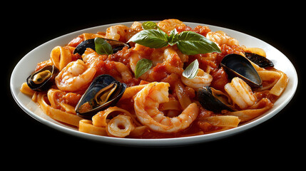 Pasta with seafood in tomato sauce, and shrimp and clams. AI generative.