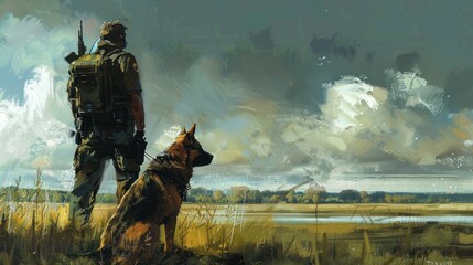 Fototapeta premium Soldier and German Shepherd Dog Standing by a River