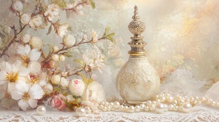 Elegant Vintage Perfume Bottle with Flowers and Pearls