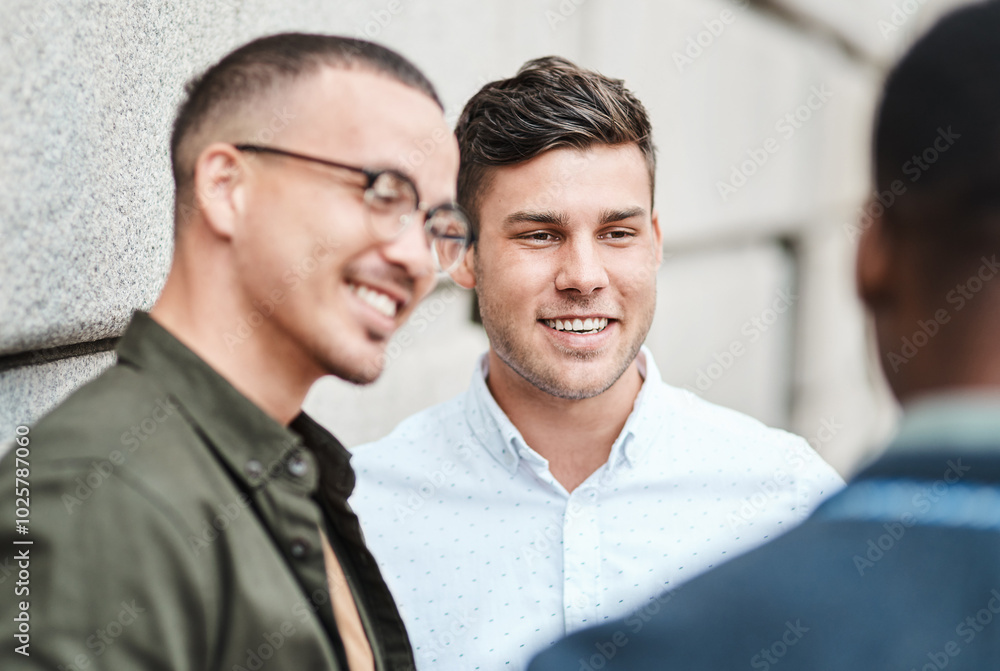 Canvas Prints Office, building and business people with smile in discussion for teamwork, support and project plan. Happy, employees and colleagues with conversation for collaboration, advice and communication