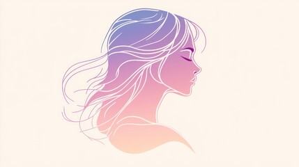 A minimalist illustration of a woman's profile with flowing hair in a gradient of pink and blue.