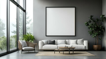 Modern living room featuring a large concrete wall, white couch, window, and a blank mock-up frame for decor.