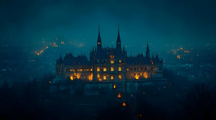Fototapeta premium A Majestic Castle Stands Tall Against a Dark, Misty Night Sky, Illuminating the City Below with its Warm, Golden Lights