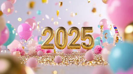 Welcome the Exciting New Year 2025 with Colorful Balloons and Festive Decorations