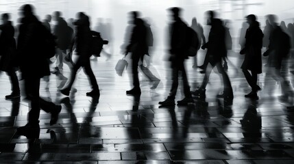 silhouettes of people walking in a urban environment during rainy weather, reflections on the ground, moody atmosphere, blurred motion imagery for visual storytelling