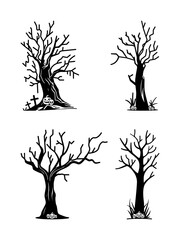 Isolated Halloween Tree with Pumkins and Skull Flat Vector Illustration Set
