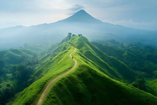 A winding path leading up a green mountain with a peak in the distance, surrounded by a vast expanse of lush forest and mist.