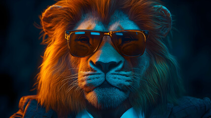 A Close-Up Portrait of a Lion Wearing Sunglasses and a Suit, Rendered in 3D with Dramatic Lighting