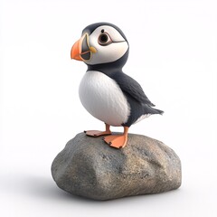 Naklejka premium Cute Cartoon Baby Puffin Standing on Rock
