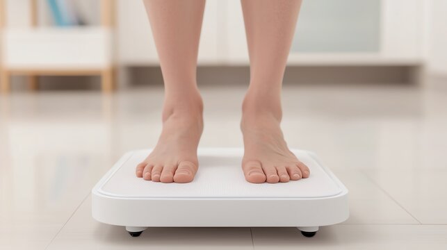 Smart scale showing body metrics as a patient steps on it, clean lighting, lowangle shot