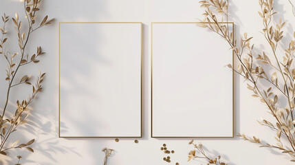 Two blank wedding invitation card mockups, displaying both front and back views, enhanced with chic and sophisticated decor.