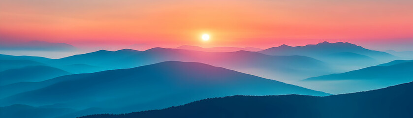 Fototapeta premium A Breathtaking Sunset Over a Serene Mountain Range, with a Soft, Hazy Glow that Creates a Tranquil Atmosphere
