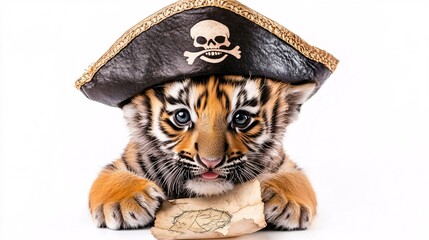 Cute Tiger Cub in Pirate Hat with Treasure Map