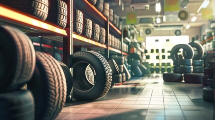 Rows of New Tires on Metal Shelving in a Tire Shop