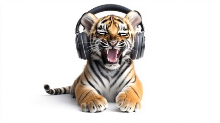 Tiger Cub Enjoying Music with Headphones