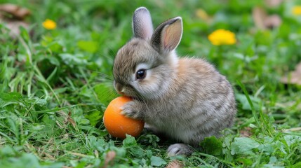 Fototapeta premium A small, brown rabbit with large ears sits on a bed of green grass and eats a bright orange fruit.