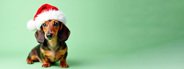 Obraz premium Adorable dachshund puppy wearing a Santa hat with a cute expression on a light green background, copy space