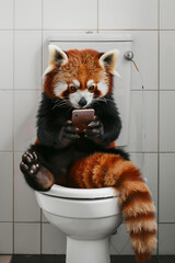 Red panda looking at smartphone in toilet generated by AI

