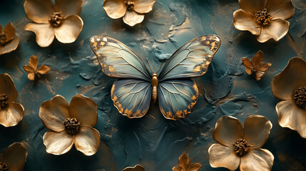 3D green flowers and a golden butterfly, a background wallpaper with a relief-style design