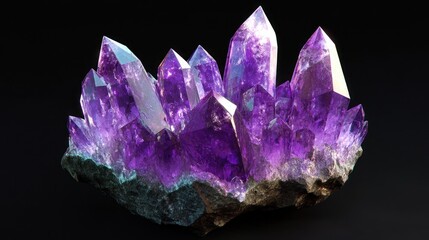 A cluster of purple amethyst crystals on a black background.